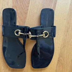 Jeffrey Campbell Black Patent Slide Sandals with Gold Horsebit